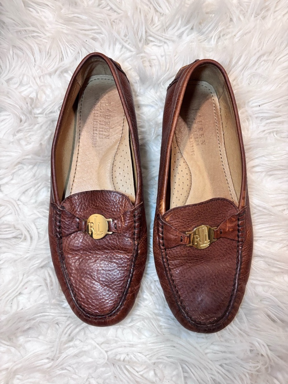 Ralph Lauren Brown Pebbled Leather Driving Loafers with Gold RL Emblem